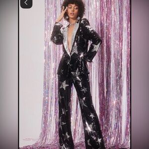 Sequin Star Blazer & Pants Set - Black with Silver Stars